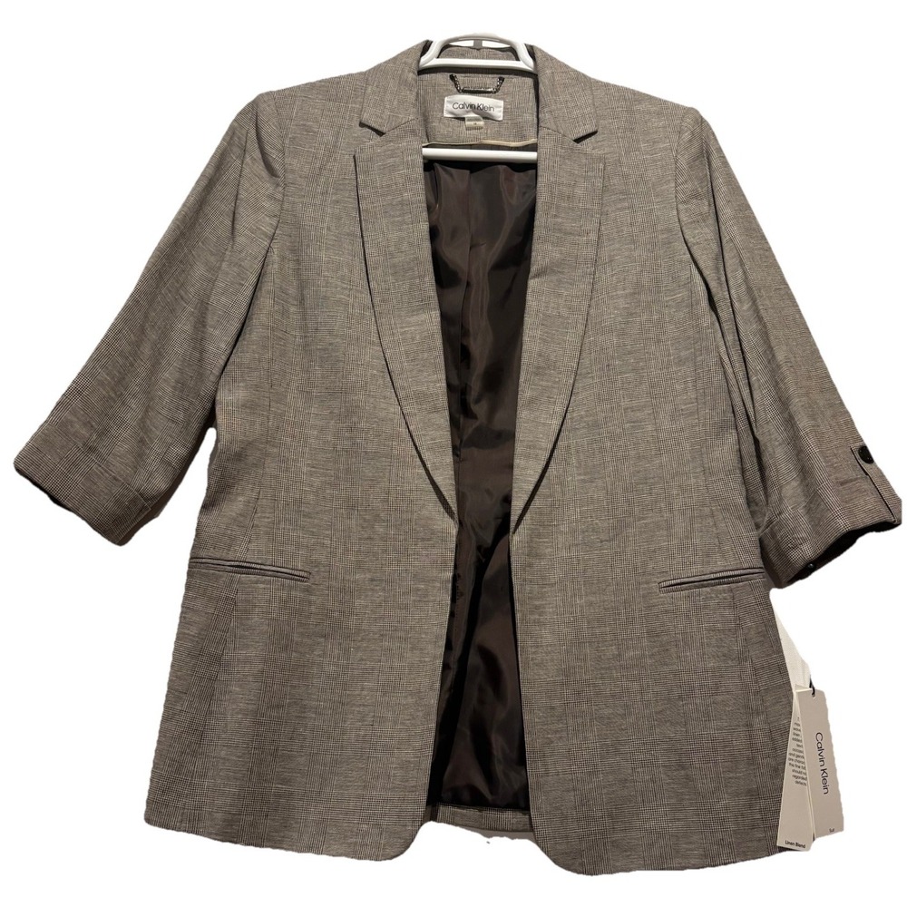 Calvin Klein Plaid Long Blazer‎ Coat W Size 14 Linen Blend Open Front Gray Plaid